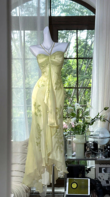 Niulatu Halter Sheath Chiffon Beaded Formal Dresses, Light Green Long Prom Dresses HZ1026